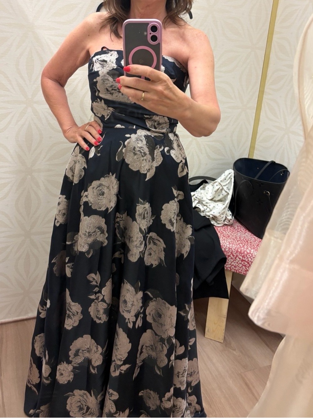 Betsy & Adam Black Strapless Floral Ball Gown with Silver-Taupe Roses - Picture 4 of 4